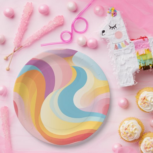 Retro-Abstrakte Regenbogenwelle Pappteller (Party)
