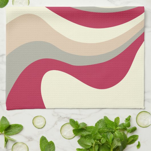 Retro Abstrakte Waves, Magenta, Rosa, Grau, Creme Geschirrtuch (Gefaltet)