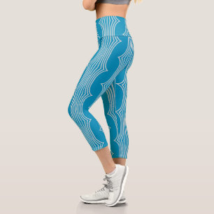 Retro Abstrakte Weiße Linien auf blauem Muster Capri Leggings