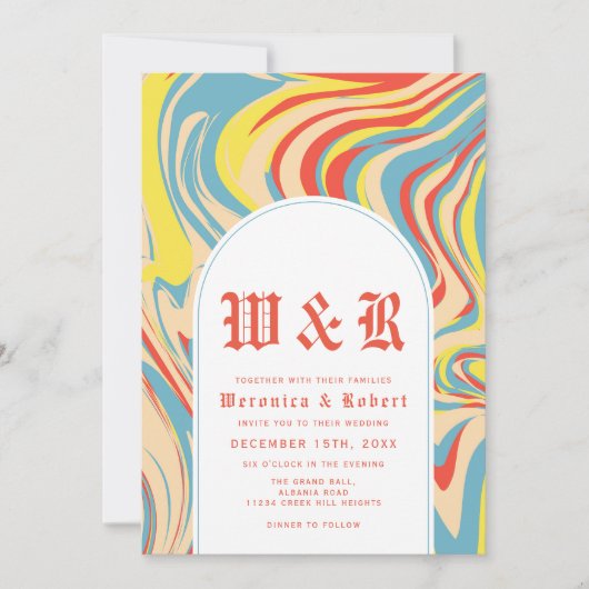 Retro-Abstraktes 70er-Arch-Monogramm Einladung (Vorderseite)