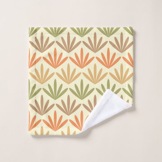 Retro Abstraktes Blumenmuster in Orange & Olive Badhandtuch Set (Waschlappen)