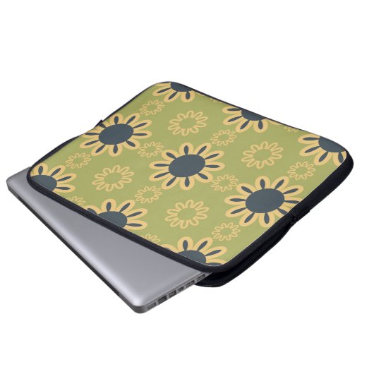 Retro Abstraktes Schwarz-Gelb-Blumenmuster Laptopschutzhülle (Vorne Knopf)