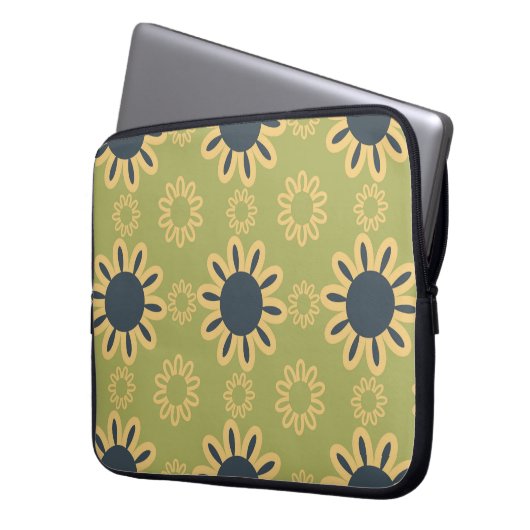 Retro Abstraktes Schwarz-Gelb-Blumenmuster Laptopschutzhülle (Vorderseite Links)