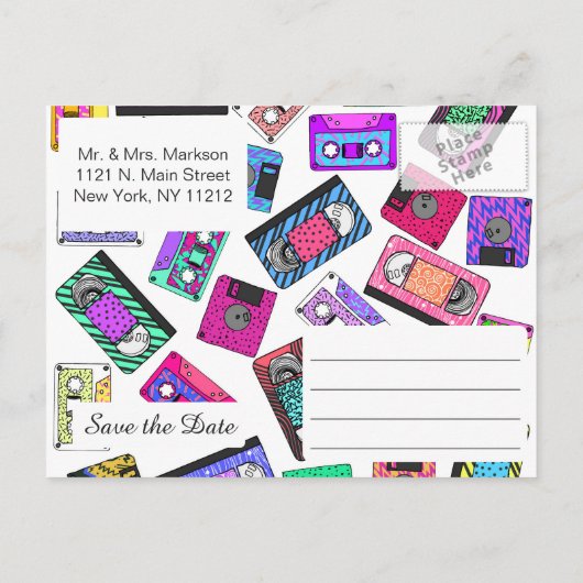 Retro Achtzigerjahre Neunzigerjahre gemusterte Ankündigungspostkarte (Rückseite)