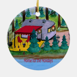 Retro Air Stream Camper am See Weihnachtsorn Keramik Ornament