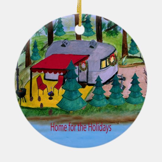 Retro Air Stream Camper am See Weihnachtsorn Keramik Ornament (Hinten)
