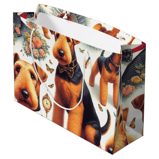 Retro Airedale Terrier Seamless Große Geschenktüte (Rückseite Schrägansicht)