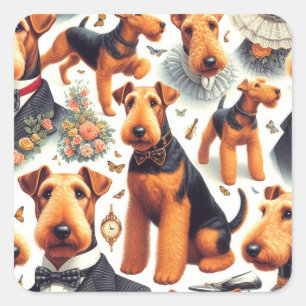 Retro Airedale Terrier Seamless Quadratischer Aufkleber