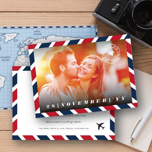Retro Airmail Postleitzahl Foto Hochzeit in Urlaub Save The Date