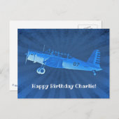 Retro Airplane #87 Blue Happy Birthday Postkarte (Vorne/Hinten)
