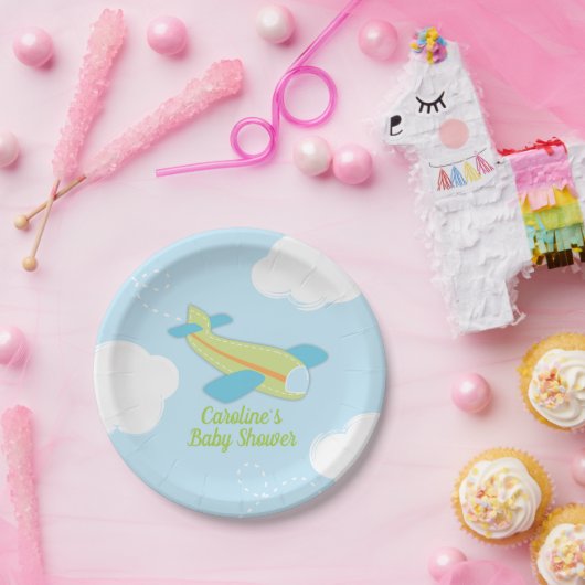 Retro Airplane Babydusche in Blau und Grün Pappteller (Party)