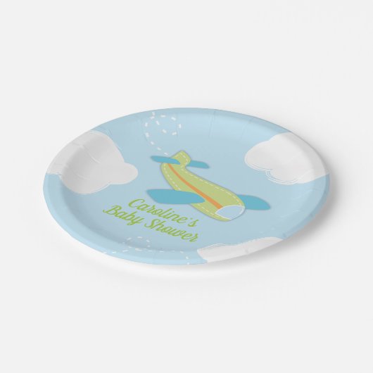 Retro Airplane Babydusche in Blau und Grün Pappteller (Schrägansicht)