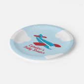 Retro Airplane Babydusche in Rot und Blau Pappteller (Schrägansicht)