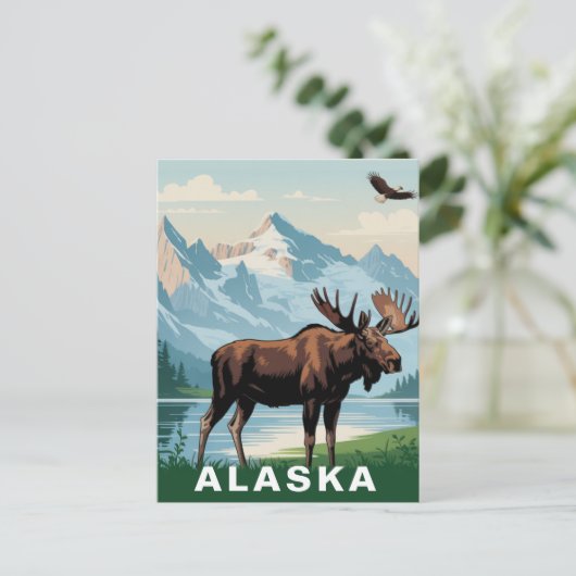 Retro Alaska Moose Mountain Postkarte (Stehend Vorderseite)