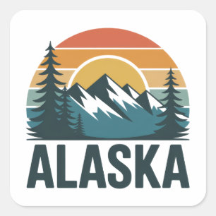 Retro-Alaska-Sonnenuntergangs-Abenteuer Quadratischer Aufkleber