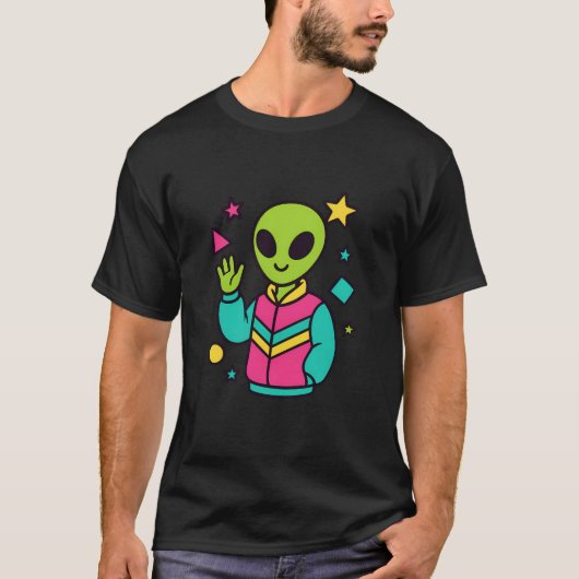 Retro Alien in Neon Jacket | 80s Sci-Fi Vector Art T-Shirt (Vorderseite)