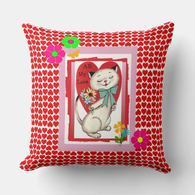 Retro "All My Liebe" Valentines Kitty Throw Kissen (Vorderseite)