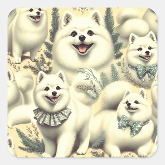 Retro American Eskimo Illustration Quadratischer Aufkleber (Vorderseite)