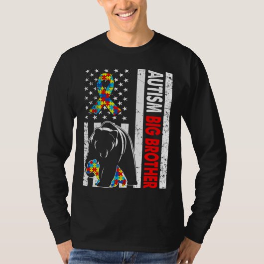 Retro American Flag Autism Big Brother Bear Awaren T-Shirt (Vorderseite)