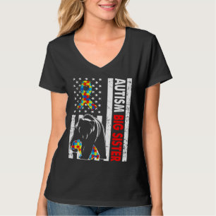 Retro American Flag Autism Big Sister Bar Awarene T-Shirt