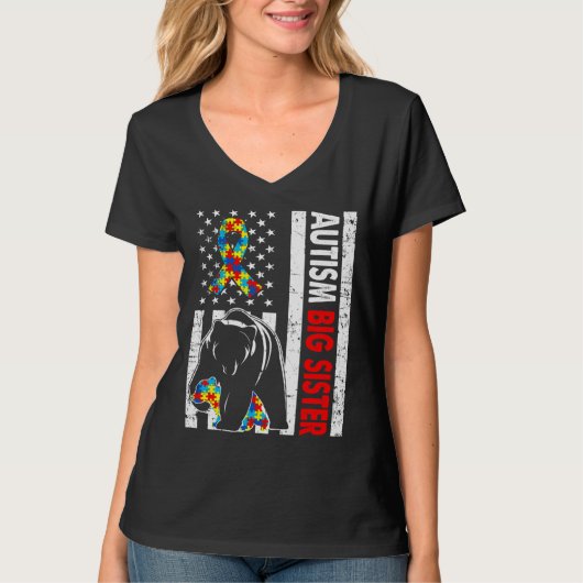 Retro American Flag Autism Big Sister Bar Awarene T-Shirt (Vorderseite)