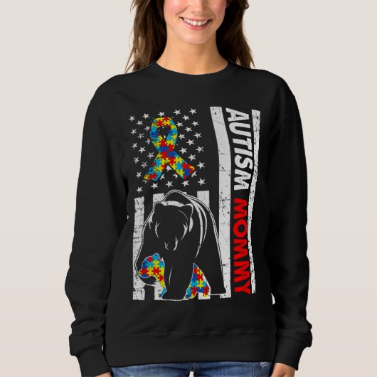 Retro American Flag Autism Mommy Bear Awareness Fa Sweatshirt (Vorderseite)
