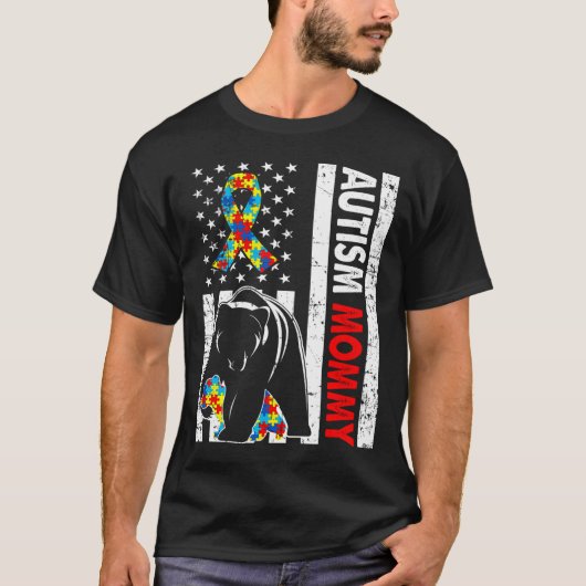 Retro American Flag Autism Mommy Bear Awareness Fa T-Shirt (Vorderseite)
