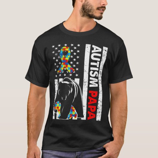 Retro American Flag Autism Papa Bear Awareness Fam T-Shirt (Vorderseite)