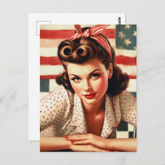 Retro American Girl Button Up Art Postkarte (Vorne/Hinten)