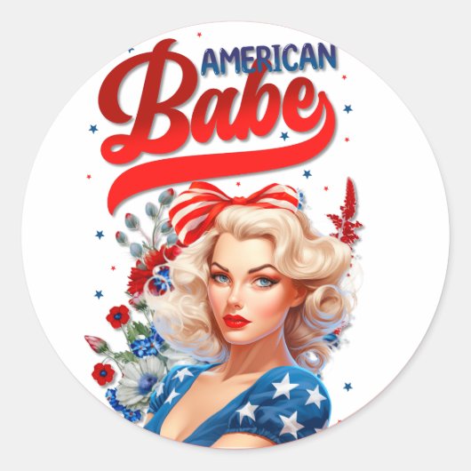 Retro American Pinup_ American Babe Runder Aufkleber (Vorderseite)