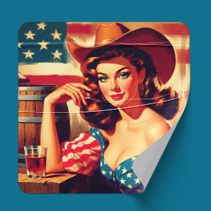 Retro-Amerikanische Cowgirl-Pinup Quadratischer Aufkleber