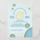 Retro Ampersand Blue Circles Groovy Wedding Gold Folieneinladung (Vorderseite)