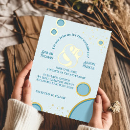 Retro Ampersand Blue Circles Groovy Wedding Gold Folieneinladung
