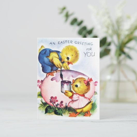 Retro an Ostern Gruß an Ihre Küken und Ei Postkarte (Stehend Vorderseite)