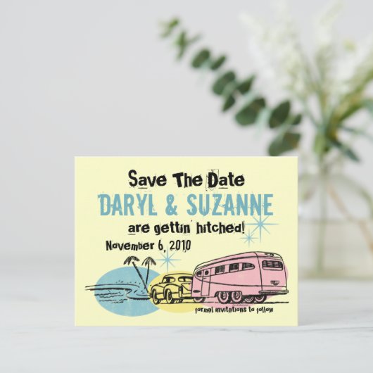 Retro-Anhänger gerade Save the Date angeschlagen Ankündigungspostkarte (Stehend Vorderseite)