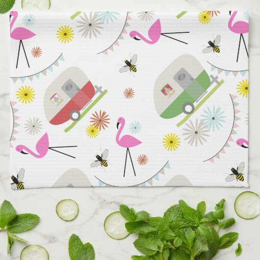 Retro Anhänger-u. Flamingo-Muster Geschirrtuch (Gefaltet)