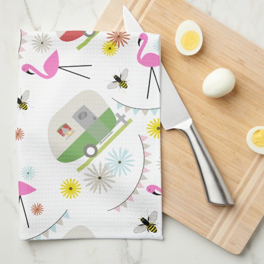 Retro Anhänger-u. Flamingo-Muster Geschirrtuch (Viertel Falte)