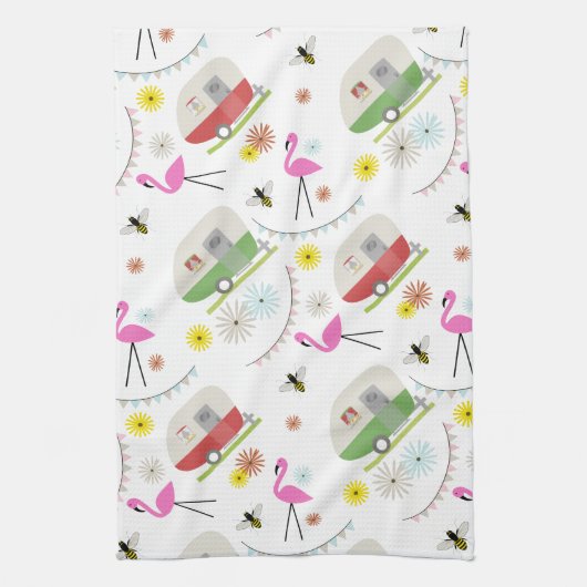 Retro Anhänger-u. Flamingo-Muster Geschirrtuch (Vertikal)