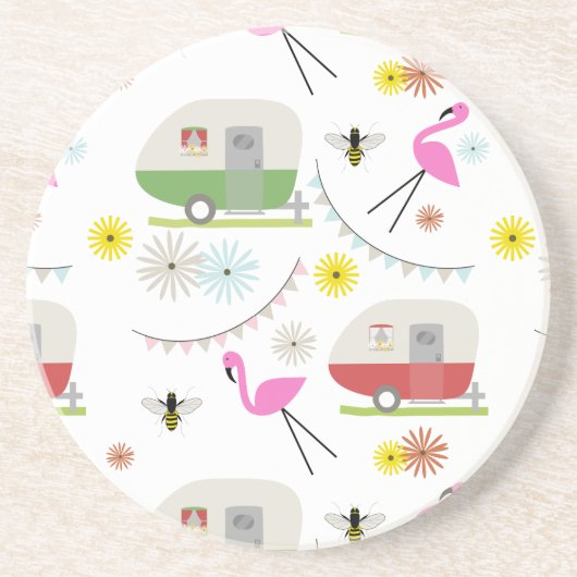 Retro Anhänger-u. Flamingo-Muster Getränkeuntersetzer (Vorne)