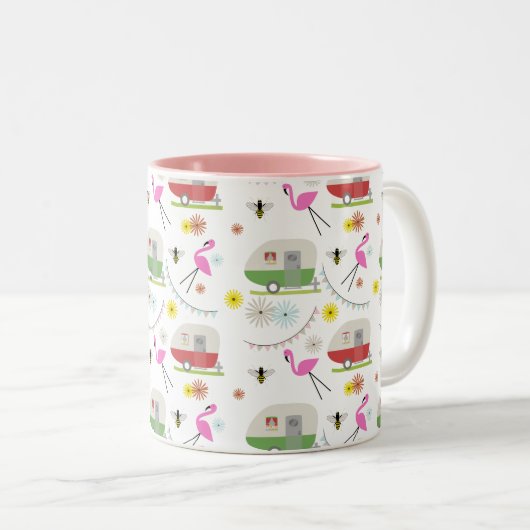 Retro Anhänger-u. Flamingo-Muster Zweifarbige Tasse (VorderseiteRechts)