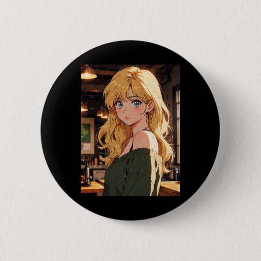Retro-Anime-Café-Mädchen Warme Gemütliche Atmosphä Button (Vorderseite)