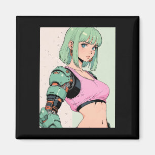 Retro Anime Cybernetic Mädchen Futuristische Stree Magnet
