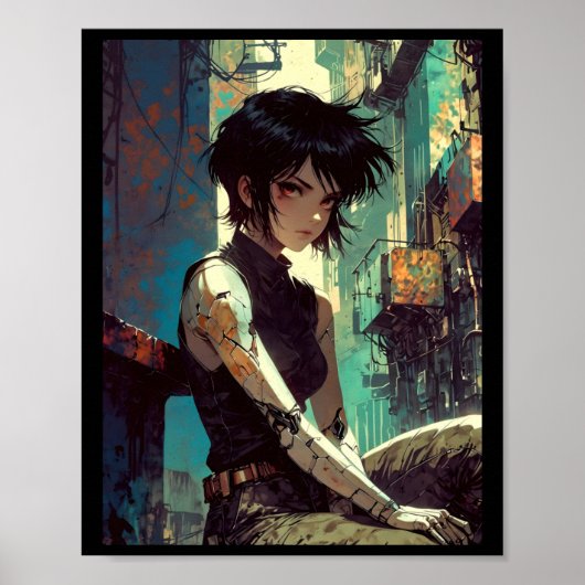 Retro Anime Cyberpunk Girl Dystopian Future Warrio Poster (Vorne)