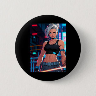 Retro Anime Cyberpunk Mädchen Neon Street Fighter  Button