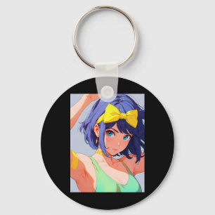 Retro Anime Energetisches Mädchen Blaue Haare Gelb Schlüsselanhänger