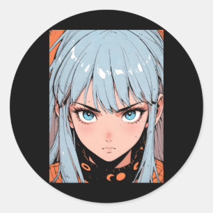 Retro Anime intensive Mädchen blaues Haar Ästhetik Runder Aufkleber