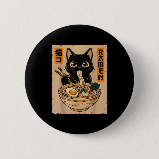 Retro Anime Kawaii Black Cat Eating Ramen Noodles  Button (Vorderseite)