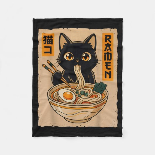 Retro Anime Kawaii Black Cat Eating Ramen Noodles Fleecedecke (Vorderseite)