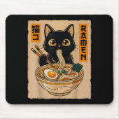 Retro Anime Kawaii Black Cat Eating Ramen Noodles  Mousepad (Vorne)