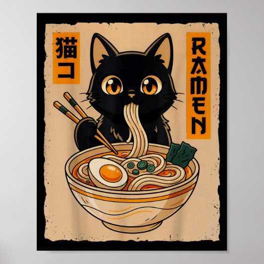 Retro Anime Kawaii Black Cat Eating Ramen Noodles  Poster (Vorne)